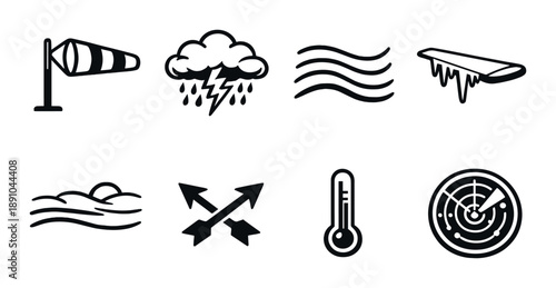 Weather icons: wind, storm, waves, icicles, fog, thermometer, radar