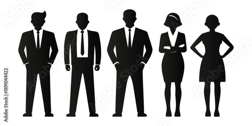 Silhouettes of five business professionals, including three men and two women in suits, standing formally on a white background.