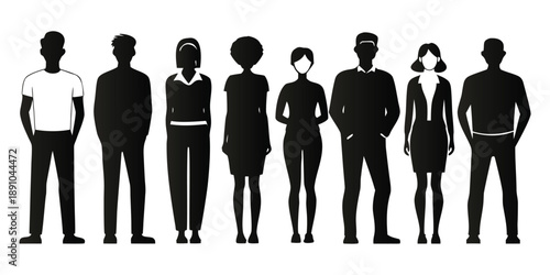 Silhouettes of five business professionals, including three men and two women in suits, standing formally on a white background.