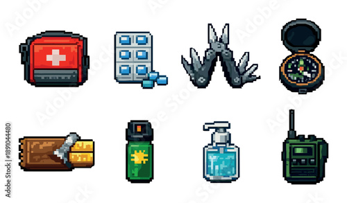 Pixel art survival items: first aid, compass, multitool, communicator, and more