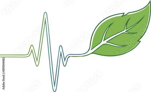 Conceptual illustration merging a pulsing heartbeat with a fresh green leaf, symbolizing natural health, vitality, and eco-conscious living for a holistic lifestyle