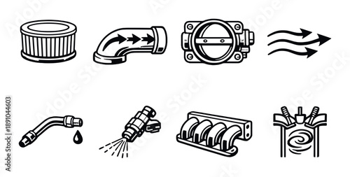 Automobile engine components icons: filter, pipe, throttle, nozzle