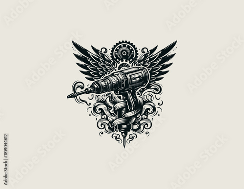 Black vector line art illustration of a detailed steampunk style drill machine with wings and smoke elements