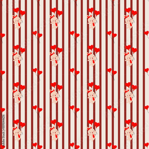 Continuous fabric pattern, vintage-Valentine's Day tone. Cute and warm, a little bunny holding a red balloon against a bright red line background. Lovely and romantic, perfect for Valentine's Day, ch