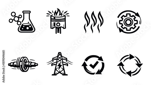 Set of industrial process icons featuring recycling and combustion symbols