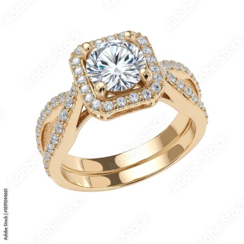 Elegant gold engagement ring with halo setting isolated on transparent background