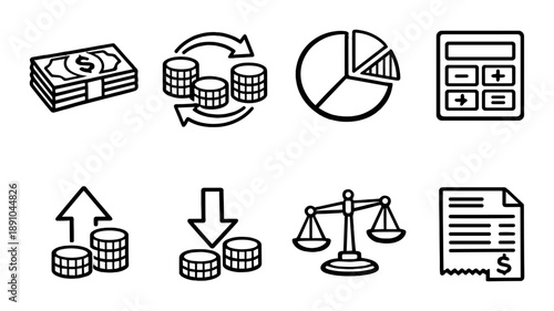 Financial symbols: money, coins, charts, calculator, balance, financial document icons on black background
