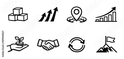 Set of business icons: growth, location, handshake, progress, sustainability
