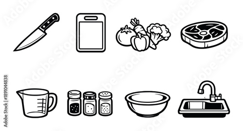 Kitchen icons: knife, cutting board, vegetables, steak, measuring cup, spices, bowl, sink