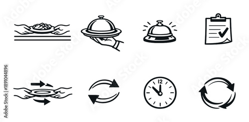 Hospitality service icons: dining, bell, notepad, exchange, clock, refresh symbols