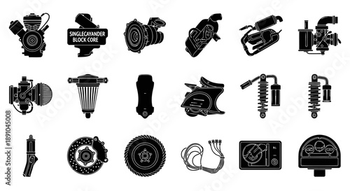 A professional set of 18 black monochrome flat icons arranged in one frame, illustrating the internal systems and functional components of a Vespa scooter. Includes engine block, CVT transmission