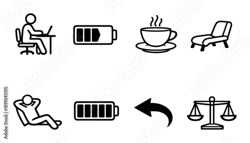 Conceptual icons: work, recharge, coffee break, relaxation, balance