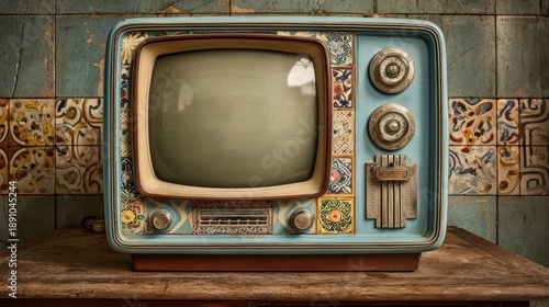 A retro television is placed on a wooden table in a room. The background shows colorful tiles and worn walls. Natural light shines into the space highlighting the vintage design.