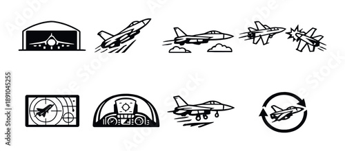 Collection of military jet icons featuring combat and flight symbols