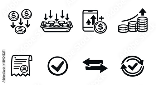 Black icons of financial growth and transactions on dark background