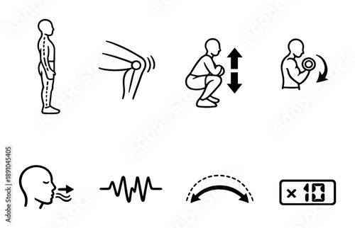 Exercise diagrams: squat and flexion techniques with breathing guide