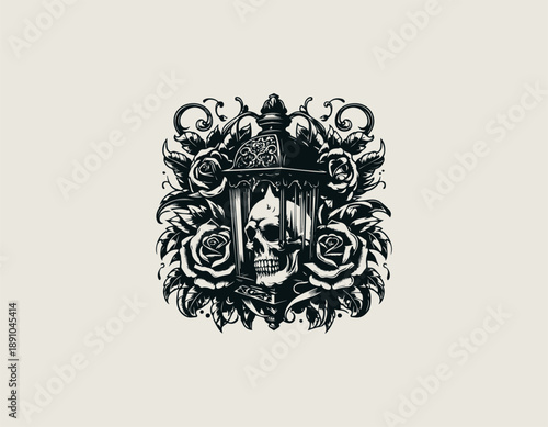 Black vector line art of skull with elegant rose flowers and classic lantern