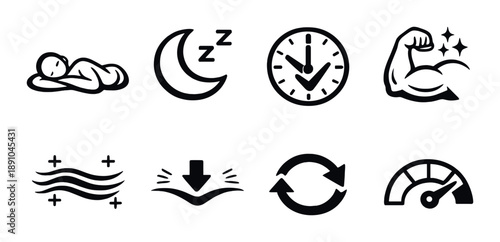 Sleep and fitness icons featuring moon clock and muscles on dark background