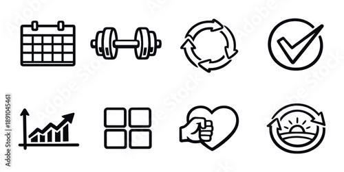 Set of fitness and productivity icons on gray background