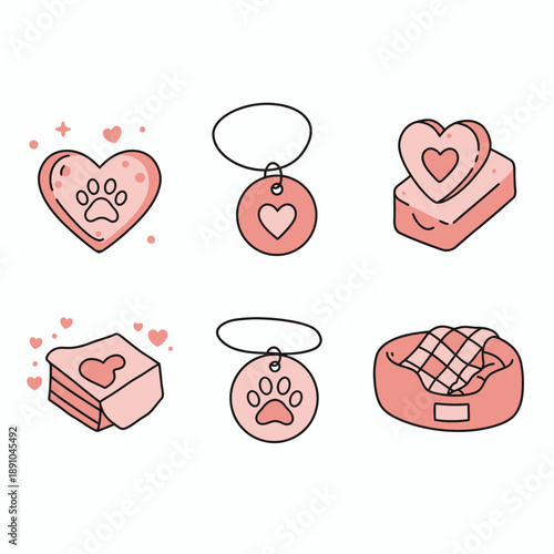This charming collection of pink vector icons beautifully illustrates pet love and essential care items, featuring paw prints, heart shapes, tags, and a cozy bed.