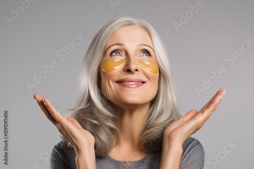 Woman smiles while applying eye patches for skincare