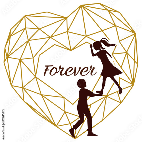 Gold Geometric Heart Graphic – Romantic Couple Silhouette, Forever Text, Valentine Day Illustration, Elegant Love Concept, Abstract Wireframe Heart, Wedding Anniversary Art & Relationship Iconography