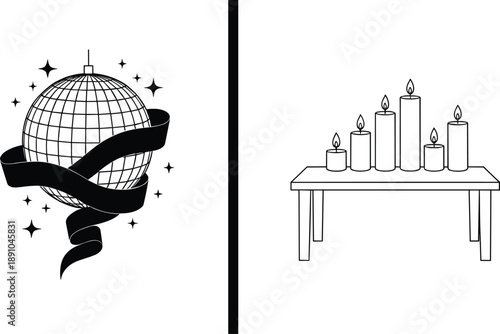 Memorial and Vigil Icon Set with Mourning Disco Ball Ribbon and Candle Table Symbols for Remembrance Events, Awareness Campaigns, and Conceptual Graphic Design