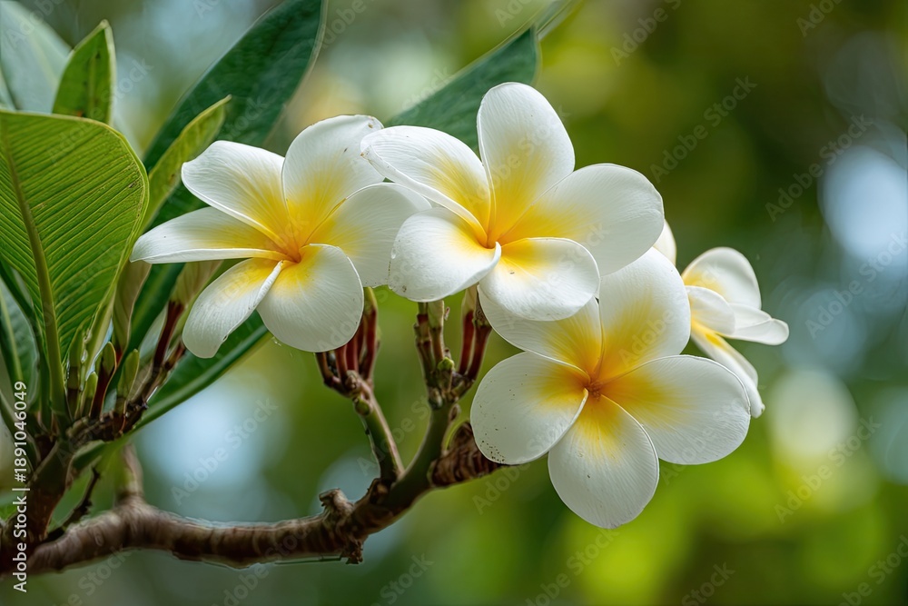 Obraz premium Close-up of delicate white plumeria blossoms with bright yellow centers, set against blurred greenery