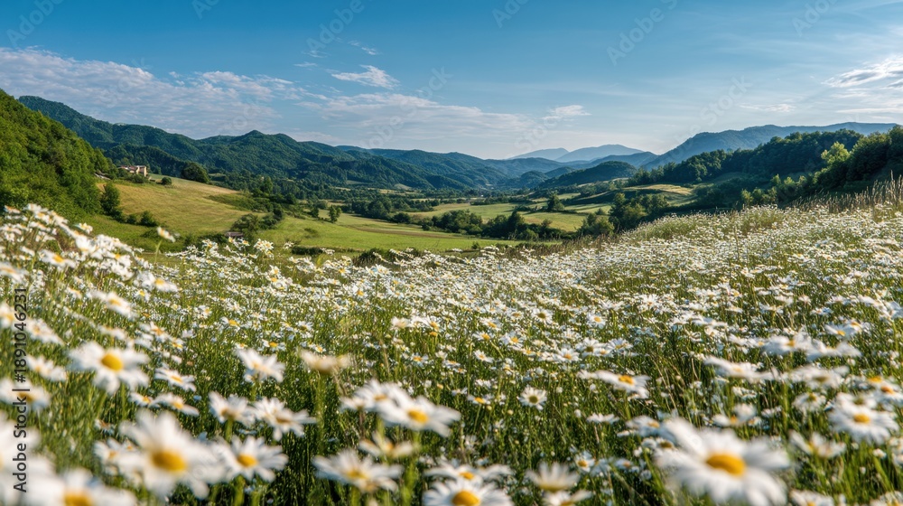 Fototapeta premium Beautiful field of white daisy flowers blooming in green valley with mountains. Nature landscape for spring, summer season.