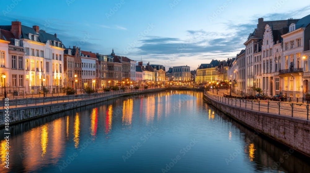 Naklejka premium Evening view of old european city with canal and historic buildings. Cityscape at twilight for travel and tourism concept.