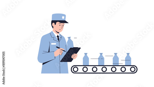 Quality control inspector examines bottles on production line in factory