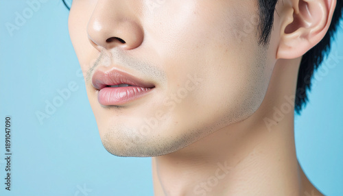 青ひげや剃り残しがある若い男性の顔　口元や顎のクローズアップ　メンズスキンケア・美容・脱毛イメージ