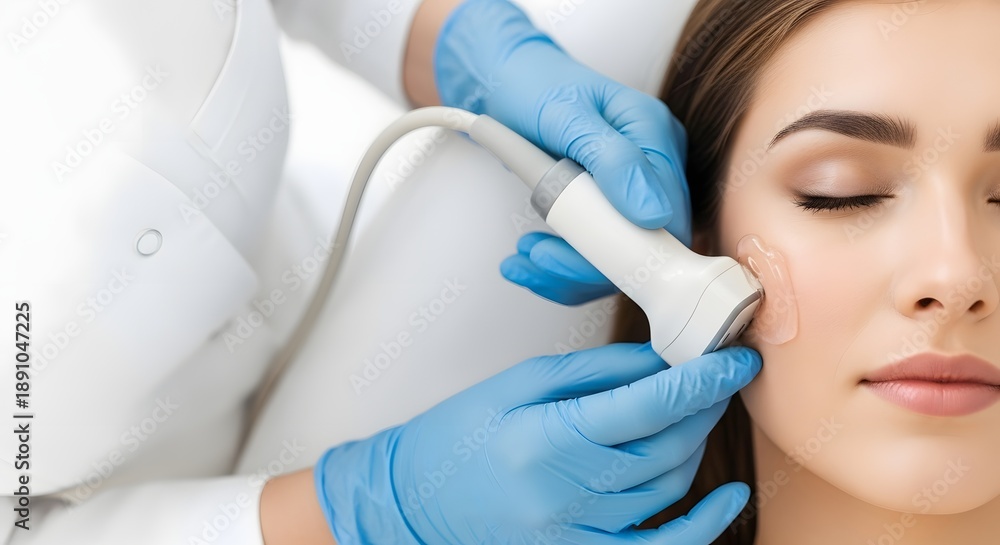 Fototapeta premium Young woman receiving a modern facial ultrasound treatment for anti-aging and skin health concept in an aesthetic medicine clinic