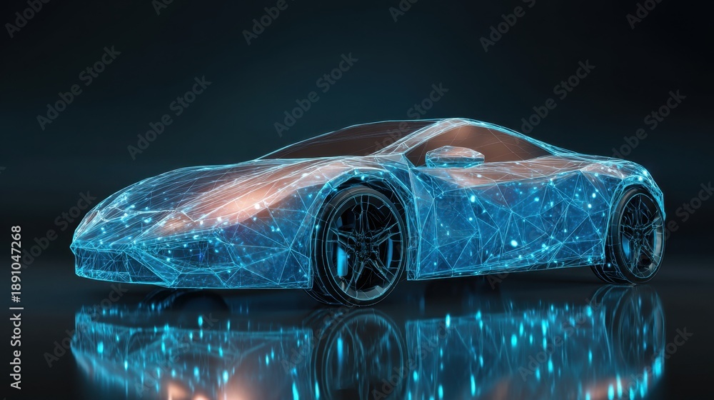 Fototapeta premium Digital car model with glowing blue lines and polygonal mesh. Future of automotive technology, engineering, and design. Innovative vehicle concept.