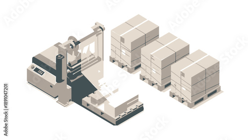 Industrial robotic arm loads boxes onto conveyor belt beside stacked shipping containers in a warehouse
