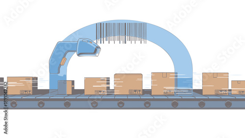 Automated packaging system with robotic arm scanning and sorting cardboard boxes on a conveyor belt in a warehouse