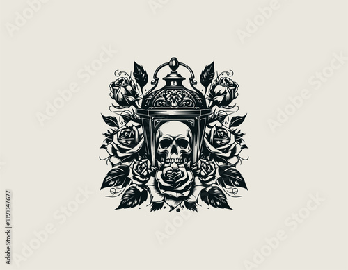Black vector line art of skull with elegant rose flowers and classic lantern