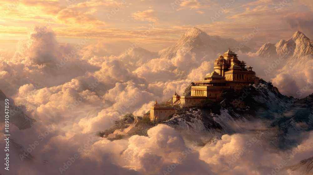 Fototapeta premium Ancient temple on a mountain top above the clouds illuminated by golden light. Heaven architecture concept for spiritual journey.