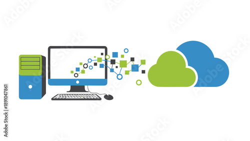 Computer uploads data to cloud storage with colorful icons and symbols flying from screen to cloud