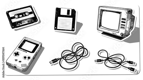Retro technology devices and accessories on white background including a game boy cassette tape floppy disk monitor and cables