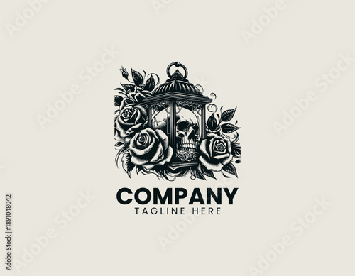 Black vector line art of skull with elegant rose flowers and classic lantern