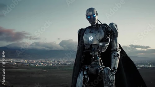 Futuristic humanoid robot gazing across a city landscape 