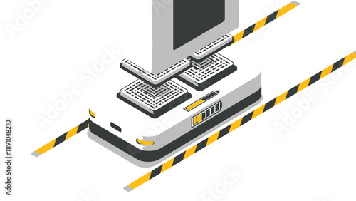 Isometric illustration of computer equipment blocked by caution tape on a white background