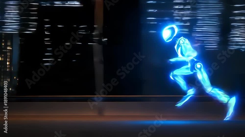 Glowing Blue Figure in Motion Against Digital Background