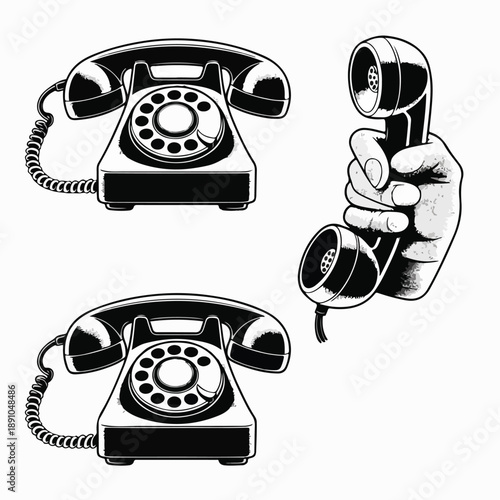 Retro Halftone Rotary Phone Illustration Set 