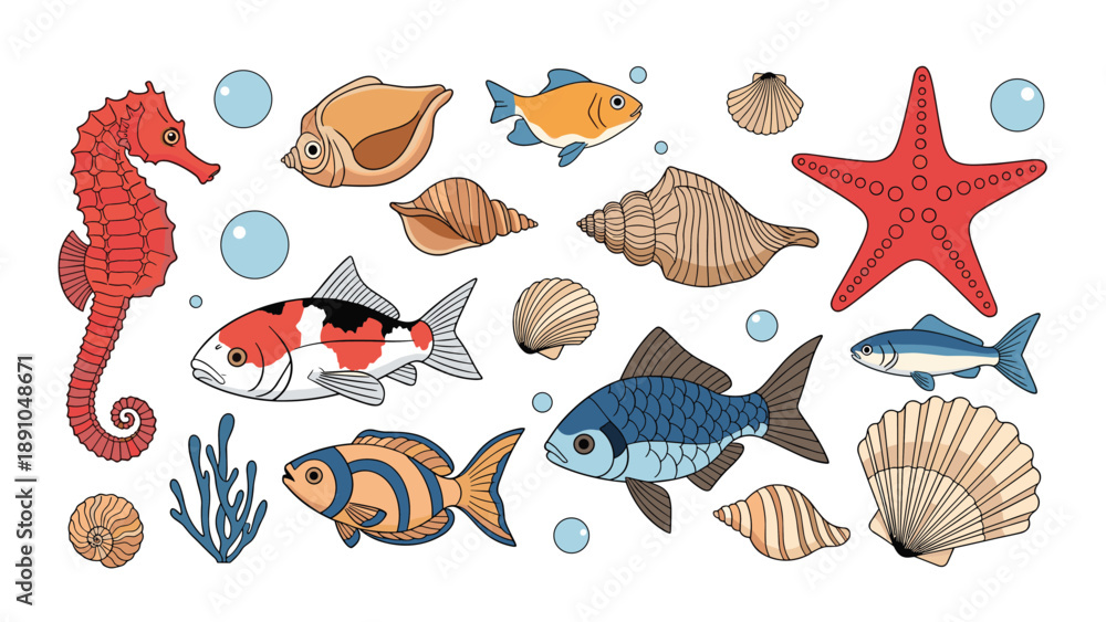 Fototapeta premium Colorful marine life set featuring a red seahorse, a starfish, various tropical fish, seashells, and air bubbles under the sea.