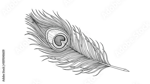 Exquisite black and white detailed sketch of a single peacock feather showing its intricate patterns and texture.