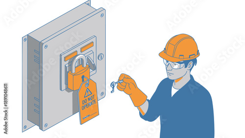 Worker in hard hat and safety glasses secures lockout tag on industrial equipment with key
