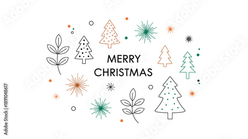Festive merry christmas greeting surrounded by stylized evergreen trees sparkling snowflakes and colorful dots.