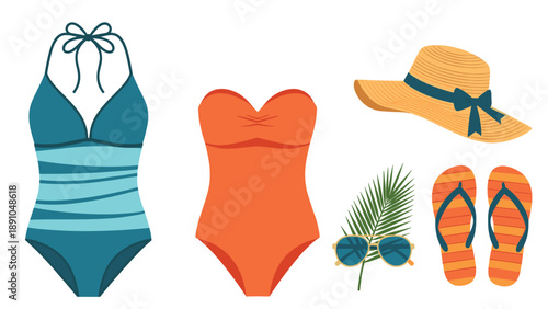 Collection of stylish summer beachwear including two different swimsuits a straw hat sunglasses and flip-flops.